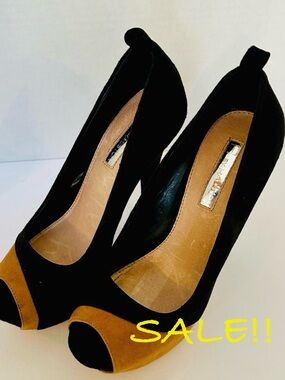 H By Halston Suede Leather 5" Stiletto Heel Shoes Womens 7.5 Platform Pumps BLK+